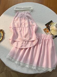 Elamini Women's Sleeveless Striped Ruffle Hem Casual Summer Tank Top And Mini Skirt 2 Pieces Set - Pink - View 2