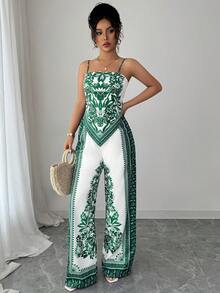 Elenzga 女士优雅时尚通勤休闲舒适音乐节度假波西米亚风无袖吊带背心（后背系带）搭配印花阔腿裤两件套 - 綠色 - 查看 4