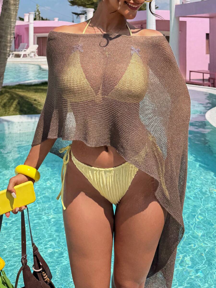 Livesso Áo khoác ngoài đi biển dáng rộng, hở vai, hơi xuyên thấu dành cho nữ. - Cà phê nâu - Xem 1