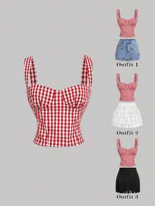 SHEIN MOD 红白格子修身胸衣女式衬衫 - 紅白色 - 查看 3