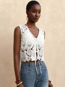 Vesra Women's Embroidered Front Tie Sleeveless Blouse - White - View 3