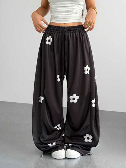 valorelle valorelle Women's Casual American Style Flared Pants With Cute 3D Floral Print, High Waist Drawstring Elastic Hem Relaxed Sweatpants