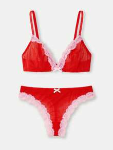 lacRébo Red Mesh Lingerie Set With Contrast Pink Lace Trim Bra Bow Detail And Matching Thong Sexy Romantic Valentines French Style Parisian Style Lingerie For Women Set Lingerie Sets Red Lace Lingerie Set Red Lingerie Sexy Lingerie - Red - View 9