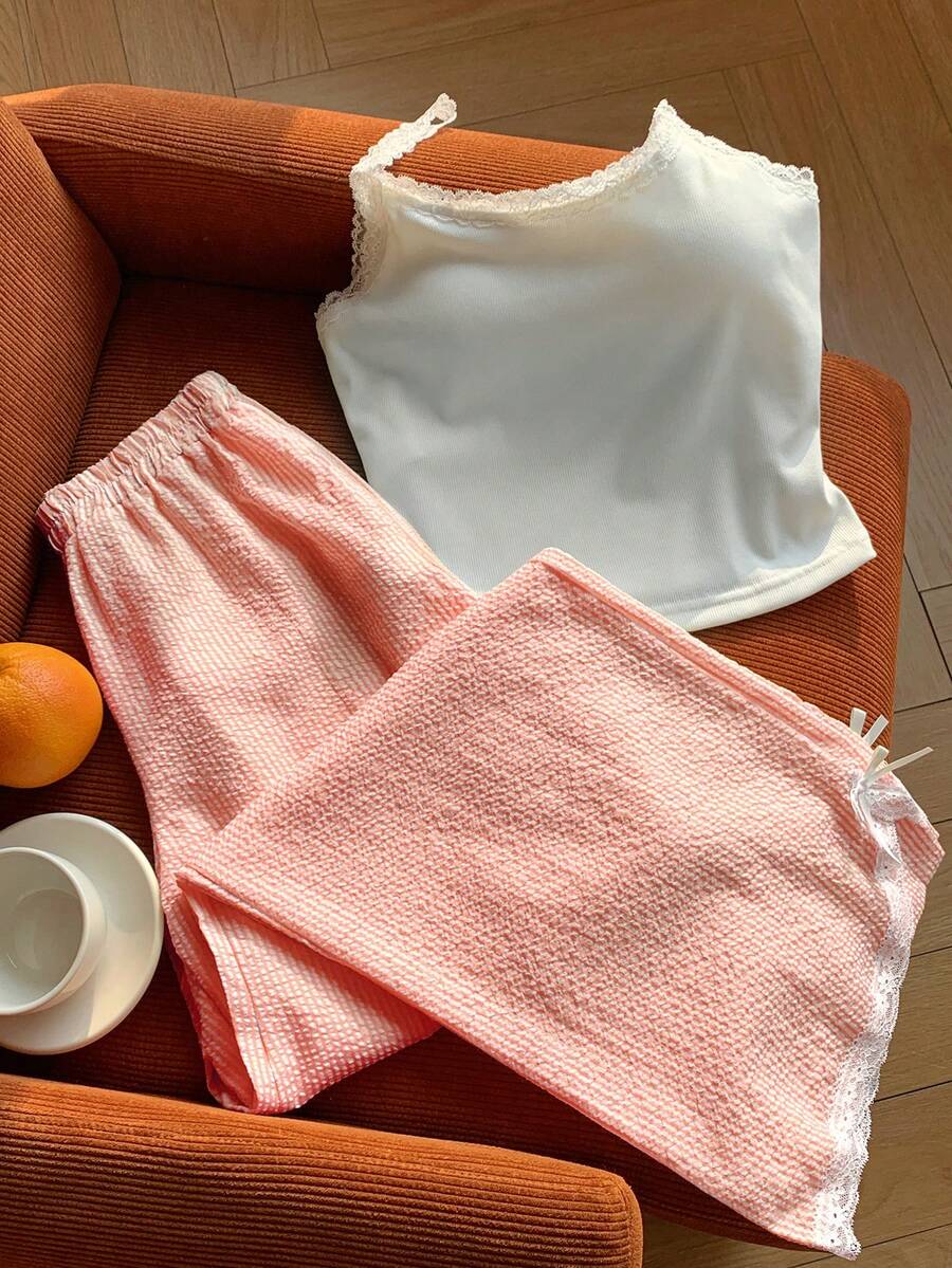 Comfortcana 2件套女士休闲黄色蕾丝边吊带背心和条纹裤，返校季 - 橘色 - 查看 1