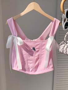 Comfortcana 2026 Frühling/Sommer Neue Mode Damen Western Stil Schnürung Bestickte Crop Top, Rosa Anliegende Bustier, Vintage Stil für Neujahr, Weihnachten, Erntedankfest Party - Pink - Übersicht 5