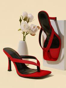 Glamine Women's Classic Minimalist Striped Thong High Heel Sandals - Red - View 7