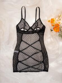 Váy ngủ ren hở lưng họa tiết trái tim gợi cảm khi đi chơi - màu đen - Xem 8