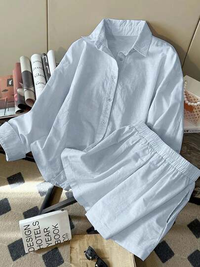 Resyla 新款简约时尚亚麻休闲宽松长袖短裤两件套女装