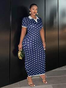 Slaydiva 新款春季、春夏音乐节、情人节、复活节休闲风、简约基础款、Y2K街头甜美风、畅销款、日常约会、辣妹风、性感、运动时尚风、白色领口Polo领、短袖修身款、黑色底白色波点、女士长裙、波点连衣裙、女士波点连衣裙、Polo领连衣裙、女士优雅连衣裙、长款修身连衣裙、波点女士连衣裙、波点长裙、中长修身连衣裙、女士职业装、女士连衣裙 - 藍白色 - 查看 8