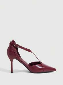 CUCCOO SZL Sapato de salto alto feminino com bico fino, fivela decorativa e cadarço vazado. - Borgonha - Ver 7