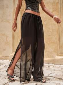 Nevyona Pantaloni largi pentru femei, culoare solidă, cu design cu crăpături în talie, culoare solidă - Negru - Vizualizare 3