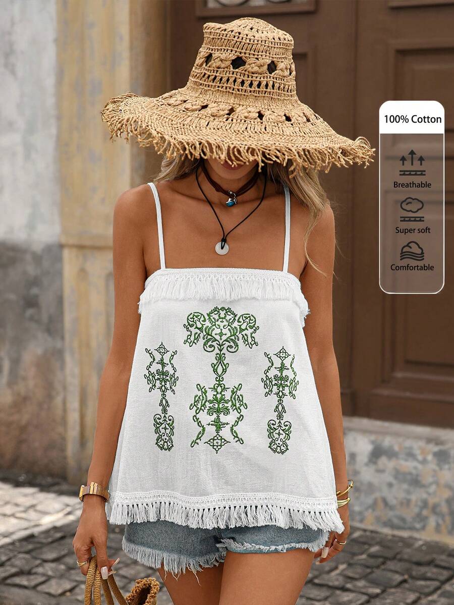 Brillora Débardeur décontracté femme à imprimé tout-sur-tout avec franges, 100% coton bohème brodé, débardeur ample à franges, débardeur décontracté pour vacances, tee-shirt polyvalent pour la plage. Tenues de plage pour femmes, hauts d'été pour femmes, hauts de vacances pour femmes, vêtements bohèmes mignons pour femmes, tenues de Cabo pour femmes - Vert - Voir 1