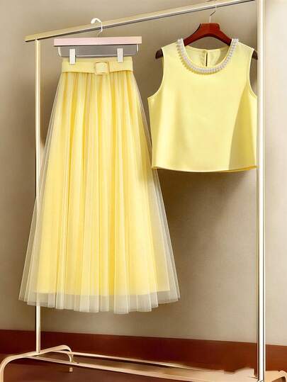GlowEve Women's Light Yellow Collar Pearl Decorated Vest Top & A-Line Waist Mesh Skirt Set, Charming Elegant Sweet Cute Daily, Vacation, Commute, Date, French Street Style Retro Versatile Spring/Summer Light Yellow New Vest Top & Skirt Suit