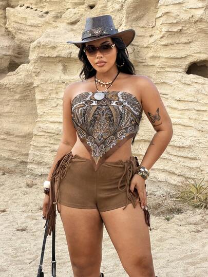 Rustia Plus Size Women's Fitted Retro Y2K Brown Fringed Lace-Up Bodycon Shorts, Sexy Tight Hotpants For Curvy Ladies, Regular Shorts, Low Waist Slim Fit Shorts, Spring/Summer + Coachella/Music Festival/Party