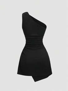 Sweetra Y2K Sexy Asymmetric Shoulder Textured Fabric Pleated Buttoned Versatile Elegant Commuter Dress - Black - View 2