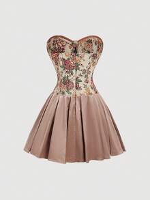 SHEIN MOD Đầm mini quây xếp ly in hoa dành cho nữ, thời trang cho hẹn hò và tiệc tùng, mùa hè, lễ hội, bãi biển, đám cưới, kỳ nghỉ, phong cách cổ điển, đầm, đầm mini corset in hoa màu kem cho nữ, đầm satin xếp ly dáng xòe không dây cổ tim có gọng, đầm dự tiệc dáng xòe thanh lịch lãng mạn phong cách cổ điển cho buổi hẹn hò, tiệc cocktail, khách dự đám cưới, kỳ nghỉ, lễ hội, sinh nhật, mùa hè, lễ hội, bãi biển, tiệc trà, trang phục, kỳ nghỉ, in họa tiết, đi chơi, dễ thương, tiệc vườn, lãng mạn, buổi hòa nhạc đồng quê, lễ hội âm nhạc, phong cách Boho, Y2K, cổ điển, Cottagecore, hoa, xếp nếp - Màu nâu Sô-cô-la - Xem 6