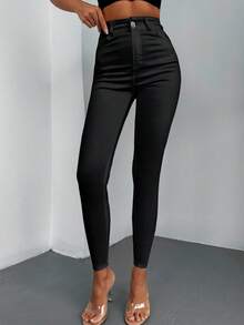 SHEIN Calça jeans skinny, cintura alta, tamanho grande, com elastano. - Preto - Ver 4