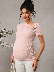 SHEIN 孕妇优雅不对称领口3D玫瑰金纽扣装饰短袖T恤 - 粉色 - 查看 1