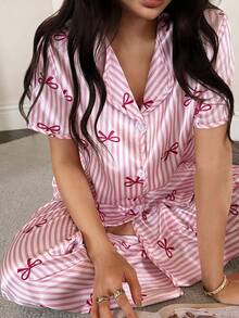 Napfluff Conjunto de pijama de mujer con cárdigan de manga corta a rayas de seda sintética con lazo rosa y pantalones - Rosa - Ver 5