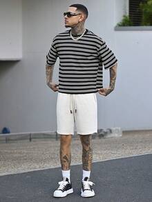 Devon Thys Camiseta casual de manga corta de cuello redondo con estampado de rayas para hombre, verano - Blanco y Negro - Ver 1