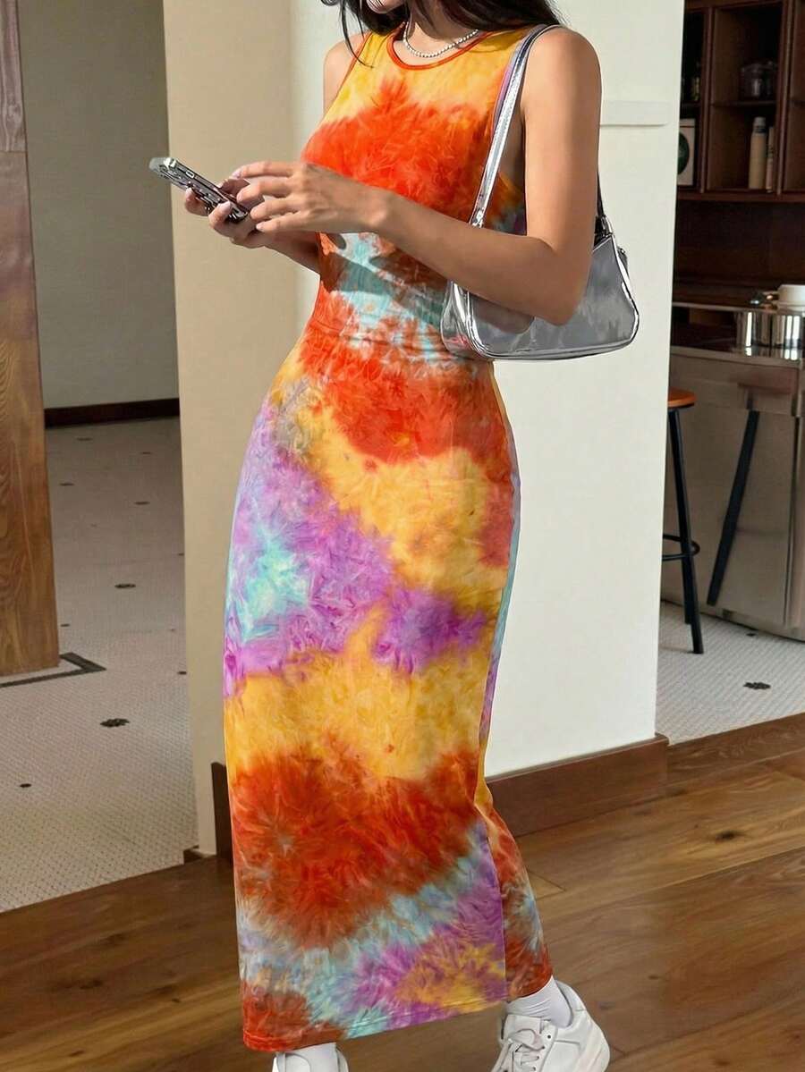 SHEIN EZwear 女士修身夏季印花吊带紧身长裙 彩虹连衣裙 扎染连衣裙 长款紧身连衣裙 多色连衣裙 日落色连衣裙 无袖连衣裙 长款连衣裙 扎染连衣裙 女士连衣裙 彩色连衣裙 - 彩色 - 查看 1