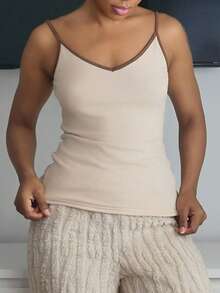 Yess Loren 女式秋冬罗纹饰边休闲保暖内衬吊带背心 - 杏色 - 查看 5