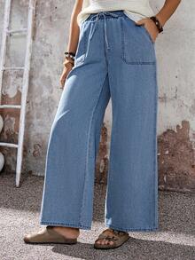 EMERY ROSE Mature Denim 女士度假休闲阔腿牛仔裤，春夏狂欢节服装通勤度假毕业时尚Y2K可爱街头风派对婚礼优雅商务休闲女装阔腿牛仔裤，带弹力抽绳腰带和口袋，抽绳高腰牛仔阔腿裤，春假度假裤，复活节日常裤，舒适通勤牛仔裤，沙滩度假阔腿牛仔裤，自然宽松女式牛仔裤，沙滩度假牛仔裤，百搭春季裤装 - 藍色 - 查看 4