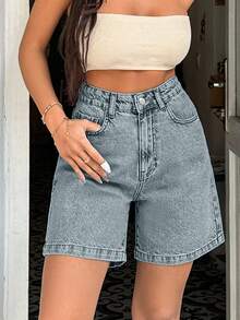 EURMUSE 100%Cotton Rigid Medium Wash Women Short - Dusty Blue - View 4