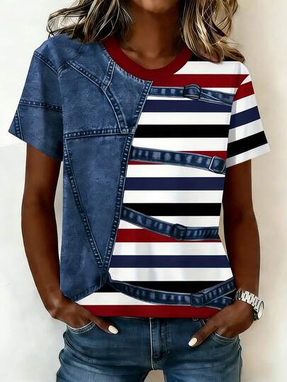 EMERY ROSE Nueva de gran , camiseta de mujer de estilo retro americano con rayas rojas, azules y blancas en denim, adecuada para el uso escolar, compras diarias, citas y uso diario, y versátil en primavera y verano