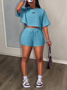 Slaydiva 新款夏季休闲运动街头风复古学院风黑色标签装饰圆领短袖T恤+超短裤运动白色毛衣套装超宽松两件套，加大码露脐短上衣套装两件套短款套装居家办公休闲服女装运动套装 - 藍色 - 查看 8