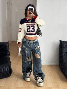 Coolane 休闲简约运动街头百搭派对机场穿搭，数字和英文字母学院风印花图案，音乐节穿搭，夏季户外女式短款圆领卫衣 - 彩色 - 查看 4