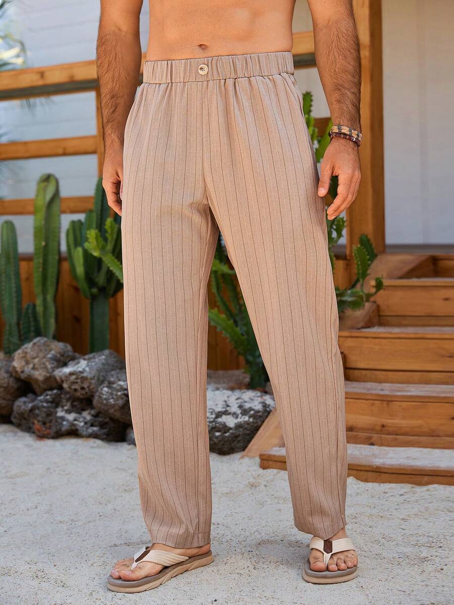 VENTUSAIL Men's Striped Elastic Waist Casual Loose Pants - Khaki - View 1
