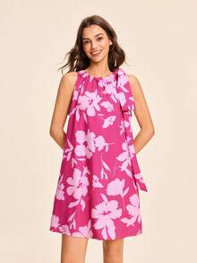 Coeurva Spring/Summer Vacation Chiffon Printed Off-Shoulder Mini Dress For Women - Pink - View 5