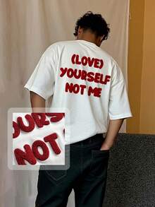 Manfinity Unisex Men's Casual Slogan Embroidered T-Shirt, Summer Men White Graphic Tee Men Tshirt White With Red Design Men Slogan Graphic Tee Men White Slogan T-Shirt - White - View 8