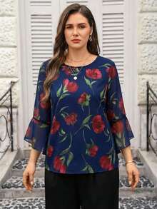 EMERY ROSE 大码女士优雅印花衬衫，适合通勤穿着。 - 藏蓝色 - 查看 6