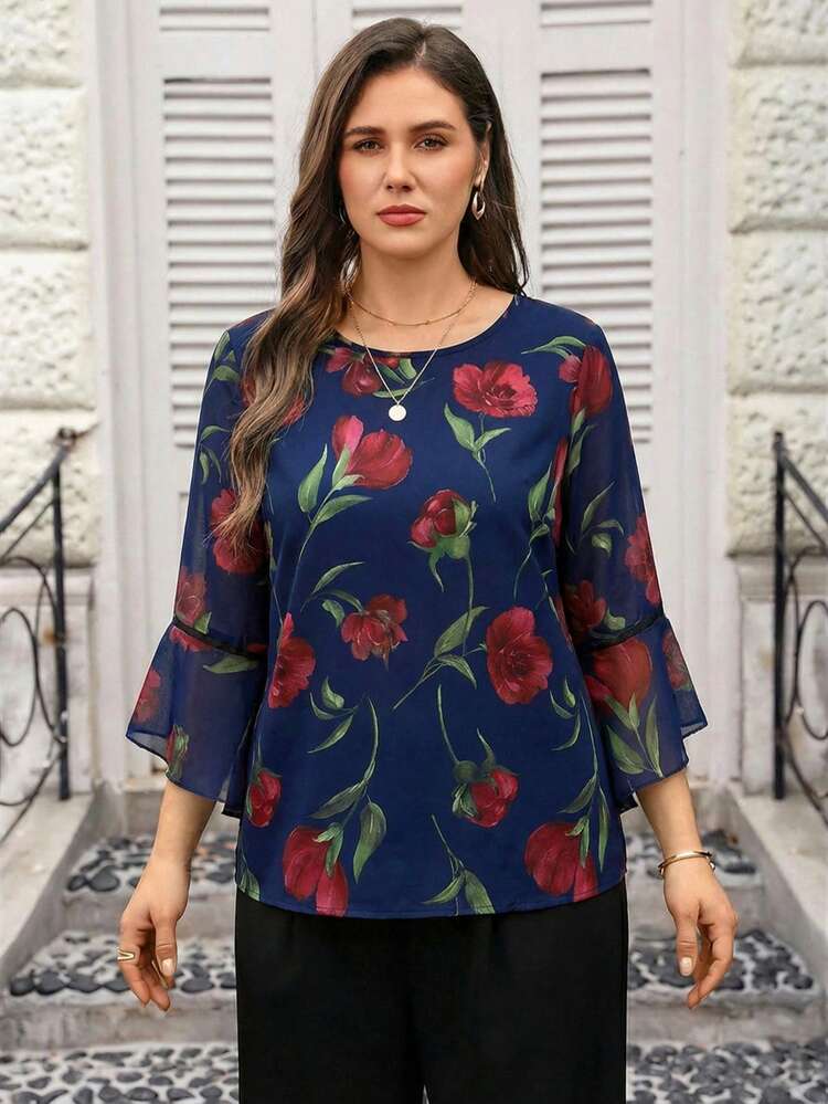 Plus Size Women Elegant Floral Print Blouse For Commuting  Summer Outfits Summer Clothes Spring Dress Spring Outfit Women Spring Clothing Beach Vacation Outfits For Women Elegant Floral Blouse
