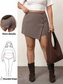 Enliva Plus Size Vintage Brown Houndstooth High Waist Skort,Autumn,Casual,Graduation,Back-To-School Business Office Shorts For Apple And Rounded - Brown - View 2