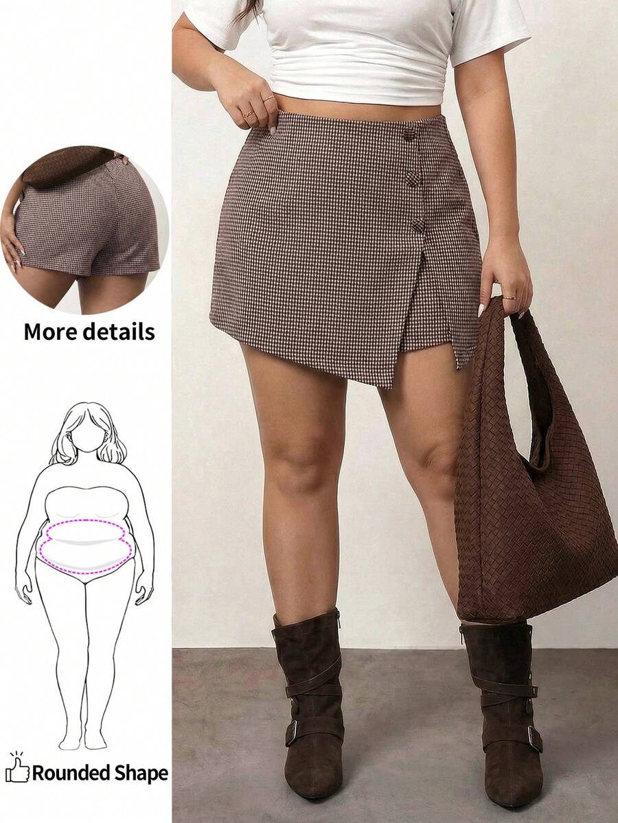 Enliva Plus Size Vintage Brown Houndstooth High Waist Skort,Autumn,Casual,Graduation,Back-To-School Business Office Shorts For Apple And Rounded