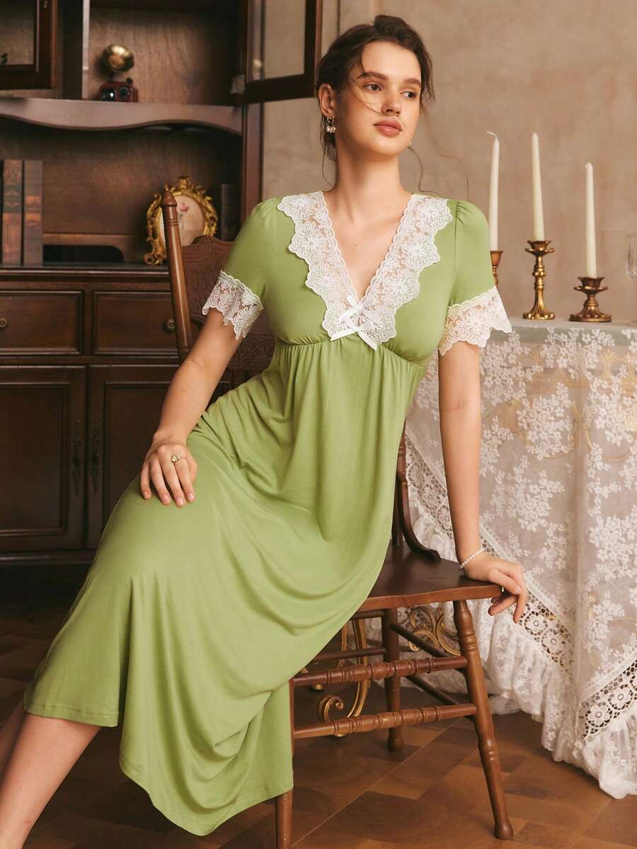Côtesoire Women's French V-Neck Contrast Color Embroidered Lace Patchwork Short Sleeve Waist Cinched A-Line Long Nightgown - Olive Green - View 1