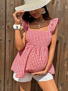 Boho Mama 孕妇度假休闲格子荷叶边系带露背上衣 - 彩色 - 查看 8