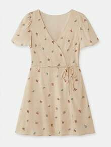 lacRébo Beżowa mini sukienka kopertowa z kwiatowym haftem i małymi guzikami - Morela - Zobacz 5