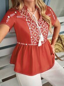 Louniche Women's Casual Vacation Retro Print V-Neck Tassel Tie Blouse, Spring/Summer - Red - View 1