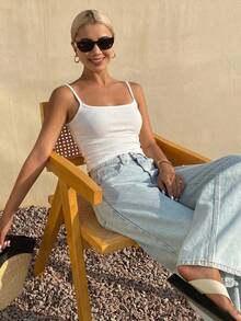 DAZY 女士方领修身罗纹吊带背心，夏季 - 白色 - 查看 5