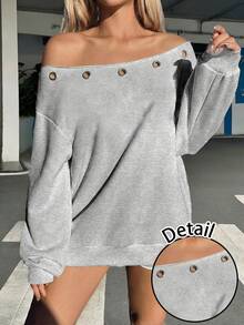SHEIN EZwear 休闲街头风金属孔眼装饰浅灰色露肩宽松长袖卫衣，适合春夏穿着，风格包括复古、性感、可爱、Y2K、椰子女孩、波西米亚风、嬉皮风和音乐节。 - 淺灰色 - 查看 3