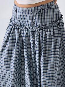 LYSMO 2026 New Arrive Minimalism Spring/Summer Women's Blue Dress Plaid Ruffle Hem Pleated Casual Mini Skirt, Going Out Outfits Ruffle Skirt Peplum Casual Outfit For Women Spring Outfit Women Summer Outfits Streetwear - Navy Blue - View 7