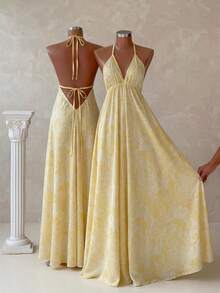 Breezaya Women's Summer Vacation Style Printed Open Back Drawstring Dress - Yellow - View 2