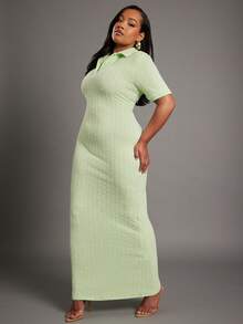 NYA SZN Avocado Green Summer Smart Casual Everyday Women's Plus Collared Textured Fitted Maxi Dress Modest Wedding Guest Prom Bridal Dinner Date Night Outfits - Green - View 5