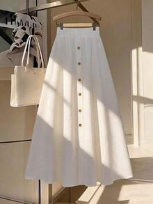 Franclia 2026新款女士夏季纯白色纹理面料单排扣弹力腰A字裙 - 白色 - 查看 1