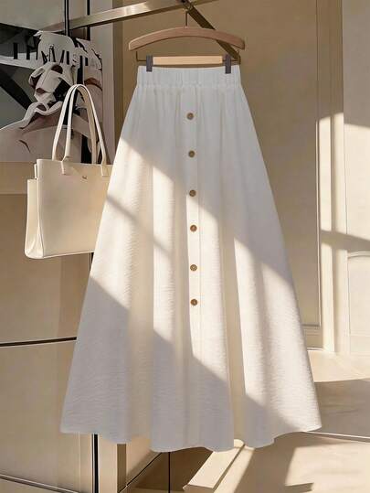 Franclia 2026新款女士夏季纯白色纹理面料单排扣弹力腰A字裙
