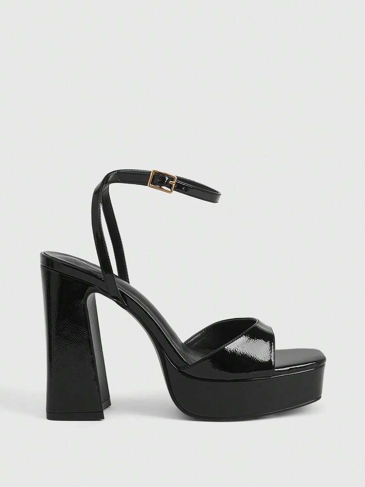 CUCCOO LuxiPop Black Mirror Strap Design Fashionable Sexy Street Style High Platform Chunky Heel Sandals 2000s Style